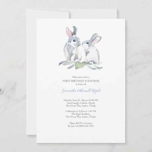 水彩画のイースターのウサギの招待状の男の子の誕生日 招待状 (正面)