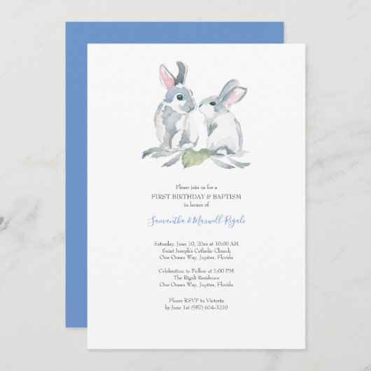 水彩画のイースターのウサギの招待状の男の子の誕生日 招待状 (正面/裏面)