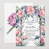 水彩画のウェディングアーチ ピンクとブルーの花のシャワー 招待状 (正面/裏面)