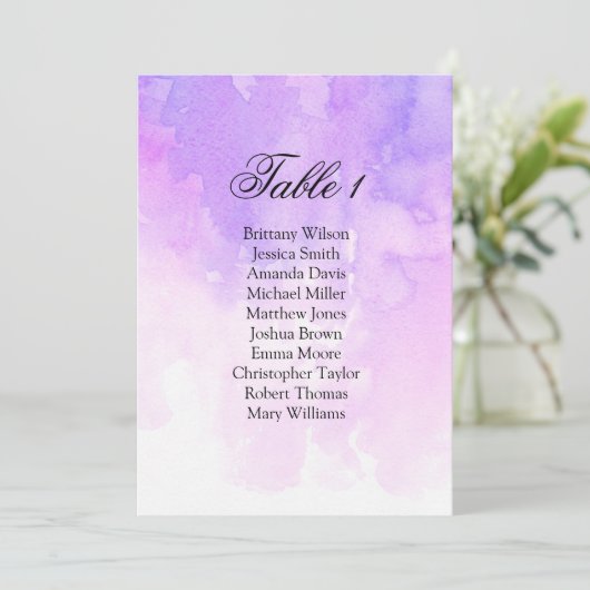水彩画のウェディング席次表。ピンクとパープル 招待状 (スタンド正面)