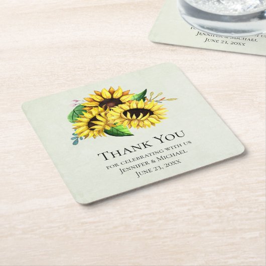 水彩画のウェディング用黄色いひまわりブーケ スクエアペーパーコースター (アングル)