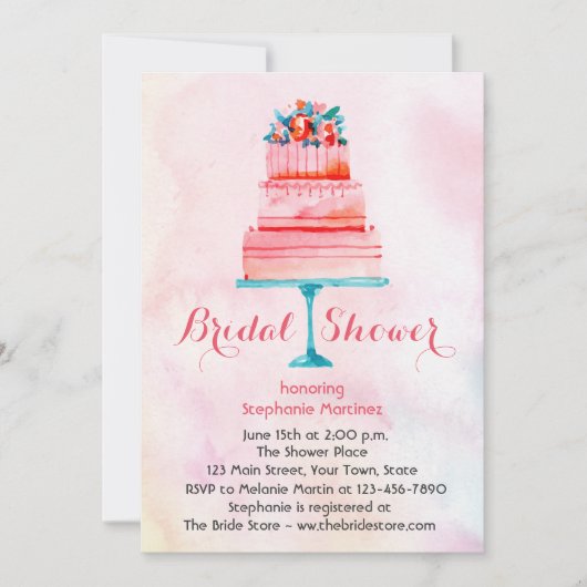 水彩画のウエディングケーキのブライダルシャワー 招待状 (正面)