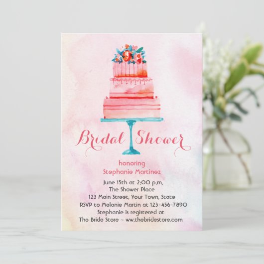 水彩画のウエディングケーキのブライダルシャワー 招待状 (スタンド正面)