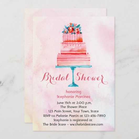 水彩画のウエディングケーキのブライダルシャワー 招待状 (正面/裏面)