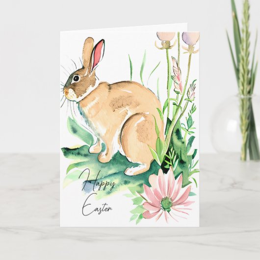 水彩画のウサギが花園でイースターをお祝いカスタム シーズンカード (正面)