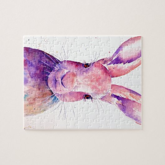 水彩画のウサギのノウサギのポートレート ジグソーパズル (横)