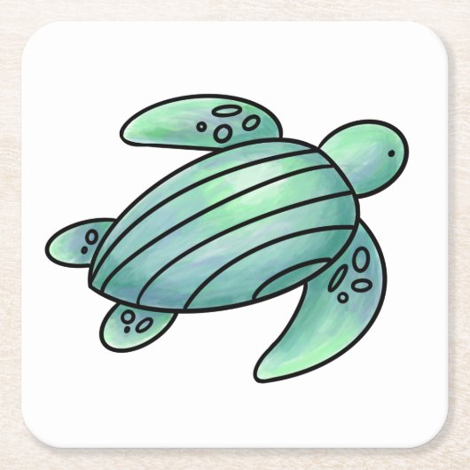 水彩画のウミガメのキャラクター 青と緑 スクエアペーパーコースター (正面)