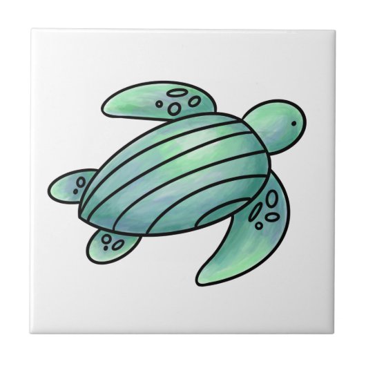 水彩画のウミガメのキャラクター 青と緑 タイル (正面)