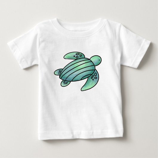 水彩画のウミガメのキャラクター 青と緑 ベビーTシャツ (正面)