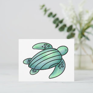 水彩画のウミガメのキャラクター 青と緑 ポストカード