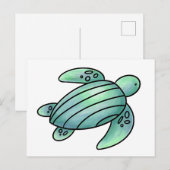 水彩画のウミガメのキャラクター 青と緑 ポストカード (正面/裏面)
