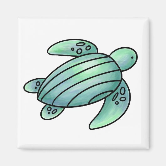 水彩画のウミガメのキャラクター 青と緑 マグネット (正面)