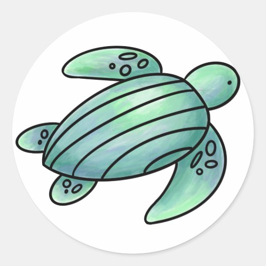 水彩画のウミガメのキャラクター 青と緑 ラウンドシール (正面)