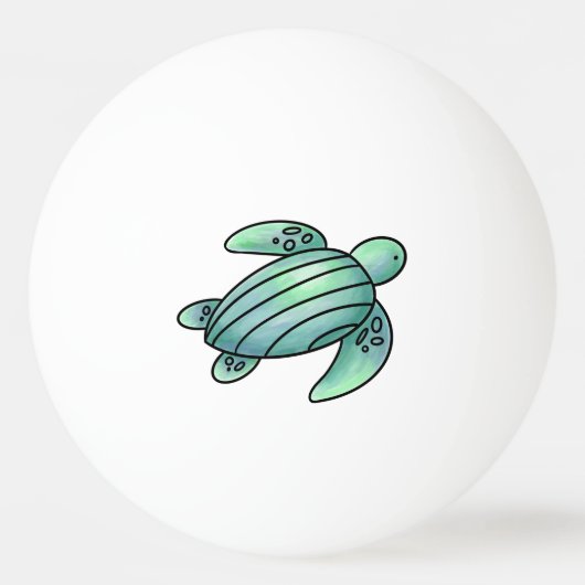 水彩画のウミガメのキャラクター 青と緑 卓球ボール (正面)