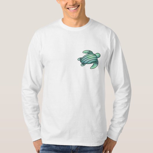 水彩画のウミガメのキャラクター 青と緑 Tシャツ (正面)