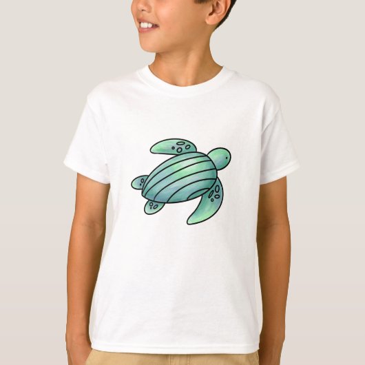 水彩画のウミガメのキャラクター 青と緑 Tシャツ (正面)