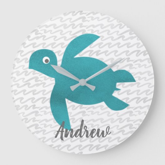 水彩画のウミガメのShiboriの波 ラージ壁時計 (正面)