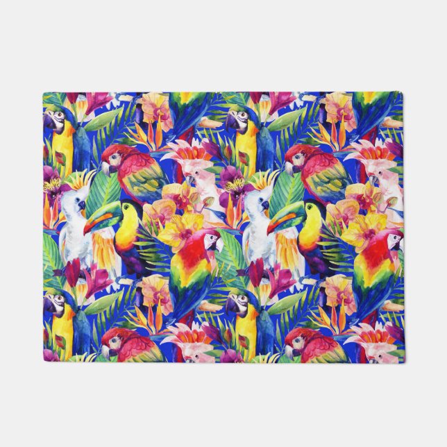 水彩画のオウム ドアマット (正面)