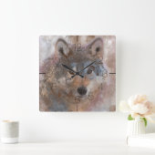 水彩画のオオカミ スクエア壁時計 (ホーム)