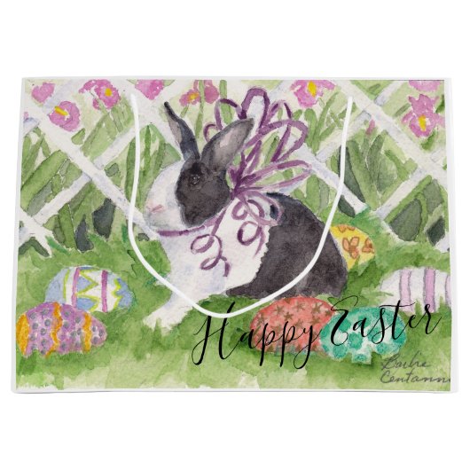 水彩画のオランダのウサギのイースターエッグ ラージペーパーバッグ (正面)