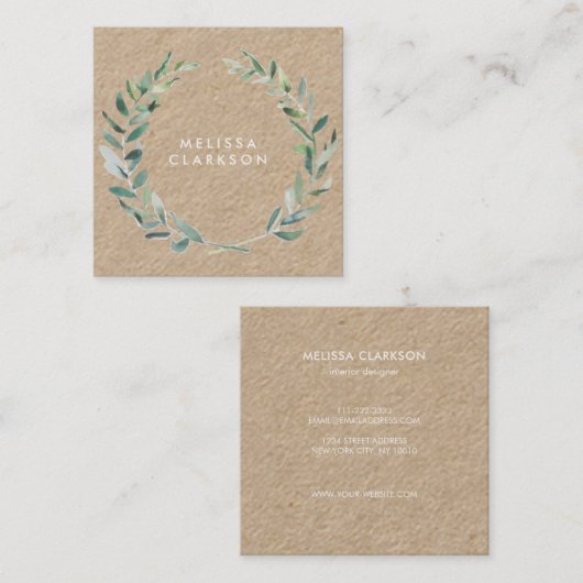 水彩画のオリーブの枝の素朴なクラフトのプロフェッショナル スクエア名刺 (正面/裏面)