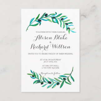 水彩画のオリーブの枝の結婚式招待状カード 招待状