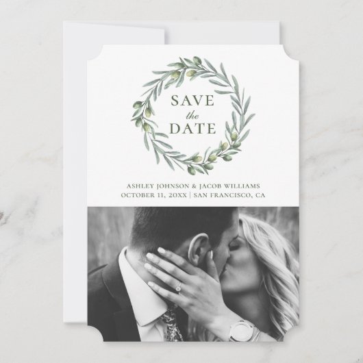 水彩画のオリーブの葉。植物の花輪。イタリア セーブザデート (正面)