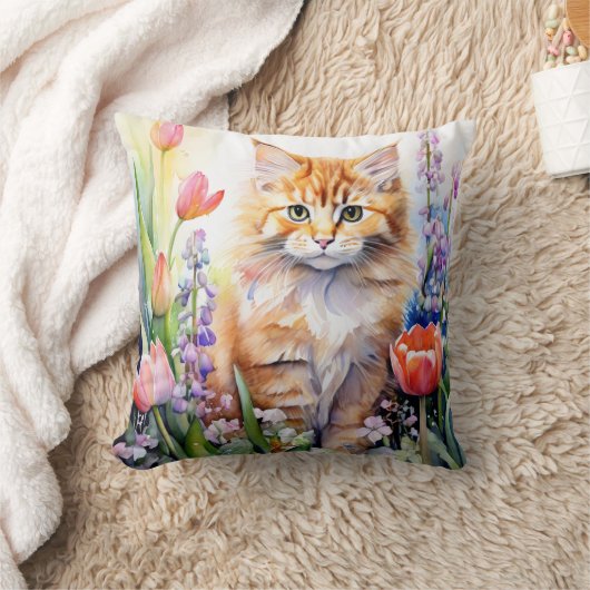 水彩画のオレンジ色のタビー猫が花園で遊ぶ クッション (ブランケット)