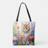 水彩画のオレンジ色のタビー猫が花園で遊ぶ トートバッグ (裏面)