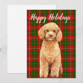 水彩画のオレンジ色のプードル犬がチェック柄の平らな面に シーズンカード (正面/裏面)