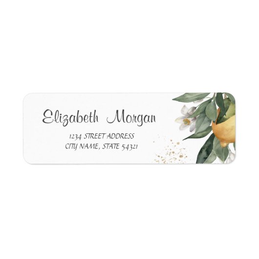 水彩画のオレンジ色のレモンが咲く ラベル (正面)