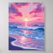 水彩画のオレンジ色の夕焼けの波 ポスター (正面)