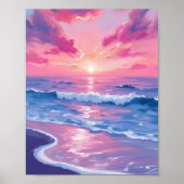 水彩画のオレンジ色の夕焼けの波 ポスター (正面)