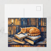 水彩画のオレンジ色の猫が本の上に寝ている ポストカード (正面/裏面)