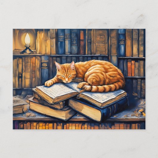 水彩画のオレンジ色の猫が本の上に寝ている ポストカード (正面)