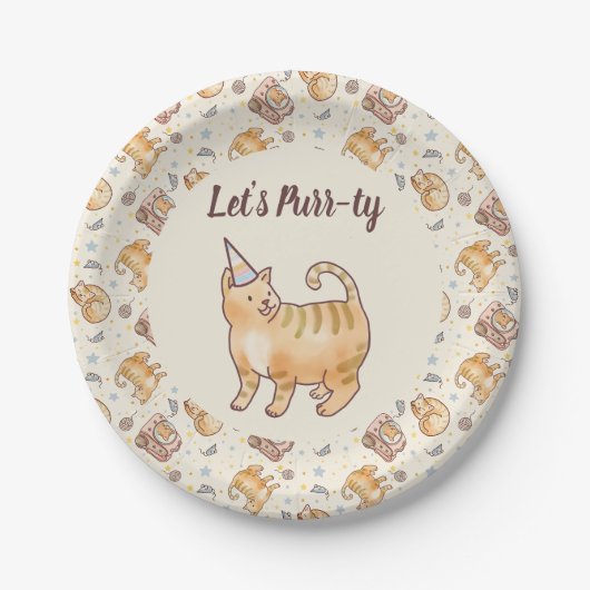 水彩画のオレンジ色の猫の誕生日おめでとう Let's Purr-ty ペーパープレート (正面)