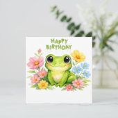 水彩画のカエルと花 誕生日おめでとう カード (スタンド正面)