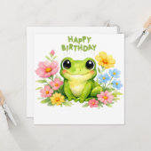 水彩画のカエルと花 誕生日おめでとう カード (正面/裏面インサイチュ)
