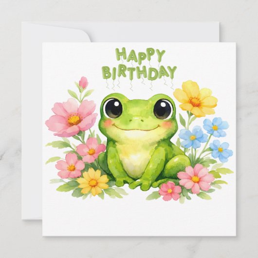 水彩画のカエルと花 誕生日おめでとう カード (正面)