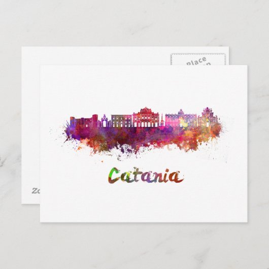 水彩画のカターニアのスカイライン ポストカード (正面/裏面)