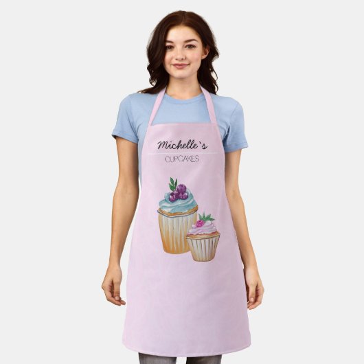 水彩画のカップケーキとフルーツ エプロン (着用した状態)