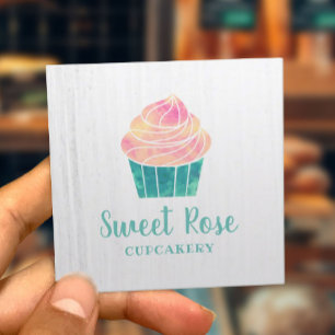 水彩画のカップケーキのベーカリーのペストリーの手製のデザート スクエア名刺