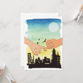 水彩画のカップルが街の景色を約束する、ピンクの約束、ピンクの誓い、誓いのプリント、恋愛中のカップル、 カード (正面/裏面インサイチュ)