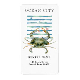 水彩画のカニ、ビーチタウン、オーシャンシティ ラベル