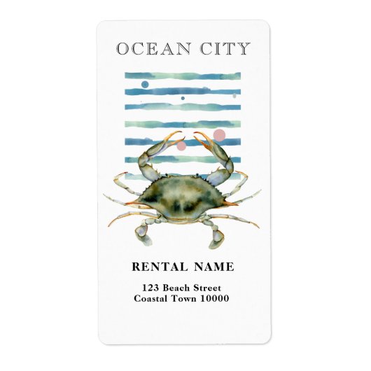 水彩画のカニ、ビーチタウン、オーシャンシティ ラベル (正面)