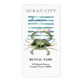 水彩画のカニ、海岸の町、オーシャンシティ ラベル