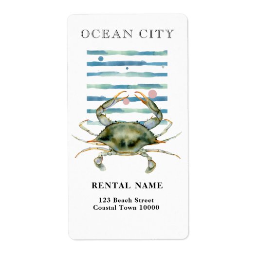 水彩画のカニ、海岸の町、オーシャンシティ ラベル (正面)