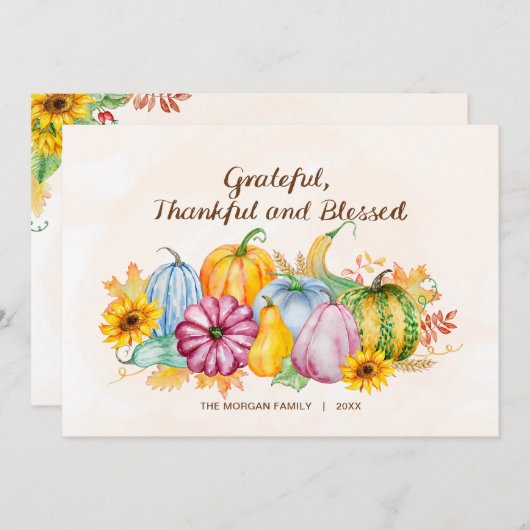 水彩画のカボチャとヒマワリの感謝祭 シーズンカード (正面/裏面)
