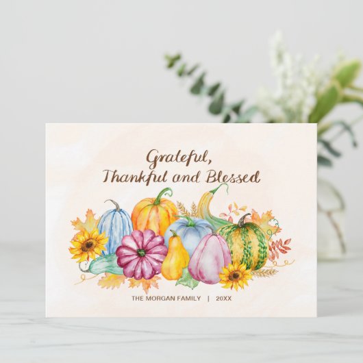 水彩画のカボチャとヒマワリの感謝祭 シーズンカード (スタンド正面)