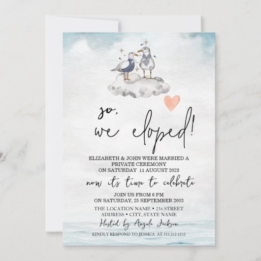 水彩画のカモメ ビーチ ウェディング 挙式のみ 招待状 (正面)